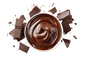 Melted chocolate in a bowl, surrounded by broken chocolate pieces