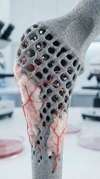 Vertical macro shot of 3D printed titanium bone implant with porous lattice structure for hip replacement surgery