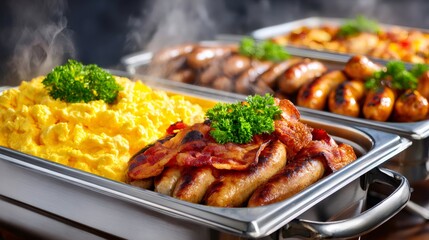 Hot breakfast buffet serving scrambled eggs and sausages