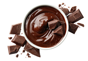 Melted chocolate in a white bowl, surrounded by broken pieces of dark chocolate
