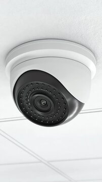 Close-up dome security camera mounted on ceiling for indoor surveillance