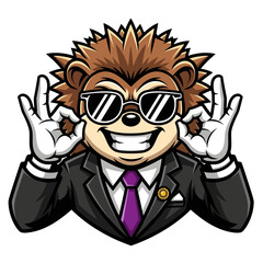 Cartoon hedgehog in sunglasses and suit. © Arafa