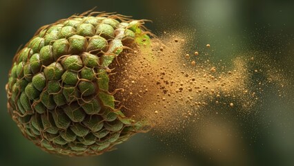 Nature's intricate design unfolds as a seed pod bursts, scattering pollen into the air.