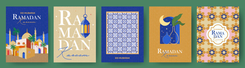 Fototapeta na wymiar Ramadan Kareem Set of posters, cards, holiday covers. Modern beautiful design in pastel colors with mosque, moon crescent, stars in the sky, arches window, Arabic geometric pattern and text design.