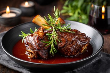 Braised lamb shanks with rosemary and red wine sauce