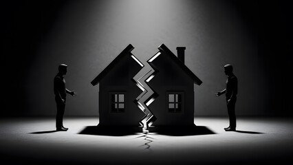 Divorce lawyers stand facing each other beside a broken house model under spotlight