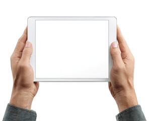 Close-up of hands holding a blank white tablet