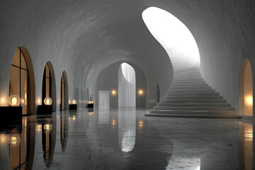 A minimalist interior with arched ceilings and a wide staircase leading to a light-flooded opening.  