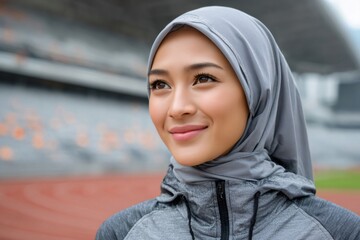 Muslim woman athlete wearing hijab looking confident at stadium
