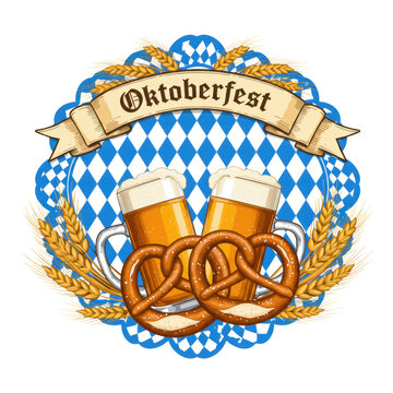 Highly detailed vector graphic of frothy weissbier steins and pretzels framing "oktoberfest" text with bavarian diamond lozenge pattern on a brilliant white background, concept for traditional german