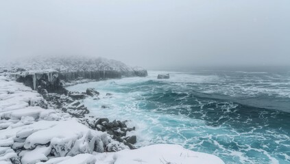 Snow-covered rocky coastline with turquoise ocean waves and icy cliffs