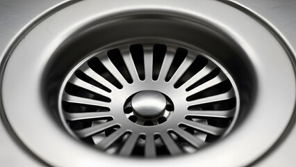 A close-up view of a stainless steel sink drain with a circular grate and central button