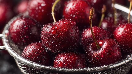 Fresh red cherries covered in water droplets, placed in a metal strainer, sparkling highlights on glossy surfaces, bright natural lighting, shallow depth of field, hyper-realistic food photography