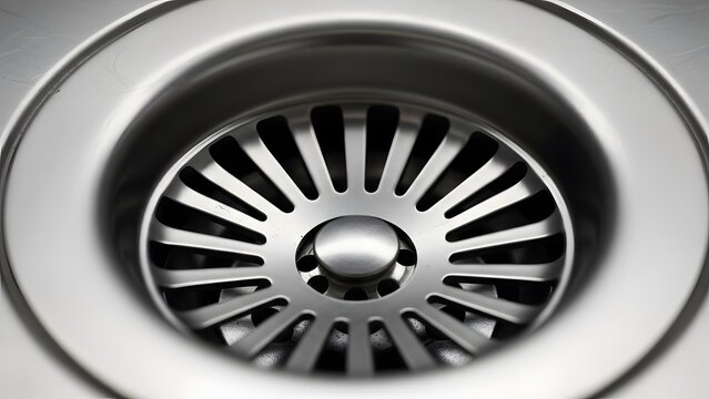 A close-up view of a stainless steel sink drain with a circular grate and central button