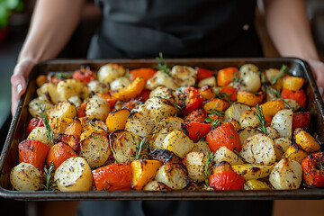 Woman carries tray with roasted vegetables in kitchen Generative AI