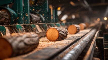freshly cut wood logs moving along an industrial conveyor belt inside a modern sawmill, dynamic lighting highlighting textures of wood and metal, sawdust particles in the air