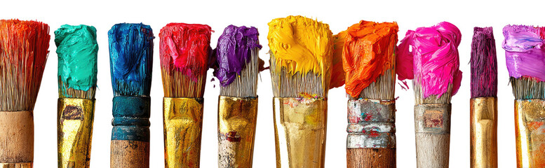 Colorful paintbrushes in a variety of hues, showcasing a spectrum of vibrant colors.  The paint is thick and visible on the bristles, with the brush handles appearing golden
