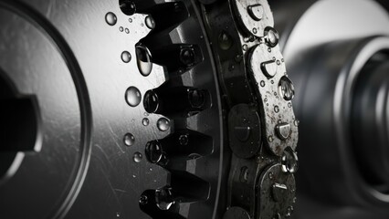 Close-up of a wet metal chain and gears, suggesting industrial precision and mechanical engineering.