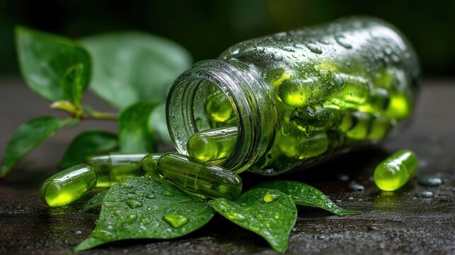 Glass bottle filled with green soft gel capsules, fresh leaves around it, water droplets on bottle and leaves, bright natural lighting, clean and fresh composition, hyper-realistic product