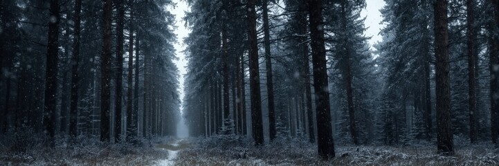 Snowfall in a dark, dense pine forest with a path