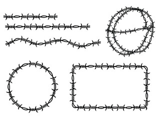 Black barbed wire frames and borders, clean vector style, isolated on white