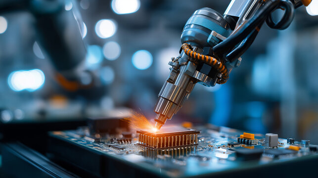 Robotic arm with precision gripper handling microchip on circuit board, faceless industrial automation, electronics manufacturing, technology production and assembly processes, wit - Powered by Adobe