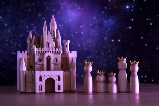 Wooden chess pieces with castle tower on fantasy game board