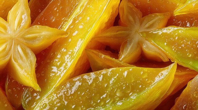 Macro shot of juicy sliced starfruit with vibrant yellow flesh, glossy wet texture, fresh tropical fruit, extreme close-up, sharp detailed surface, natural freshness