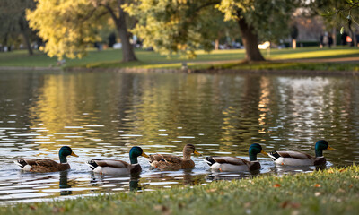 Fototapeta premium group ducks swim peacefully near water edge scan calm surface illuminated soft golden sunlight filtering