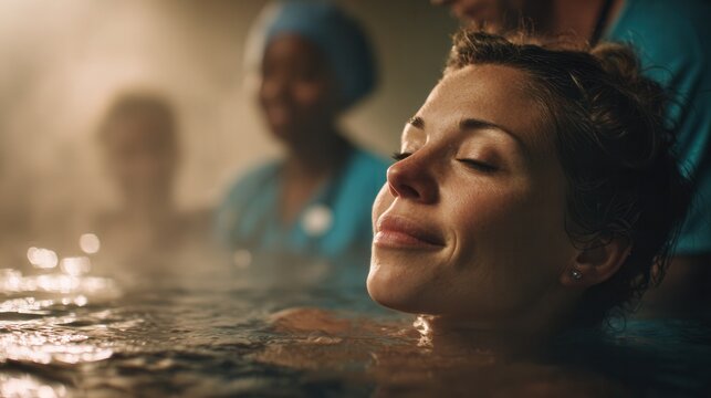 peaceful pregnant woman immersed in warm water during a gentle water birth, calm and relaxed expression, assisted by attentive healthcare professionals, soft warm lighting creating a serene atmosphere