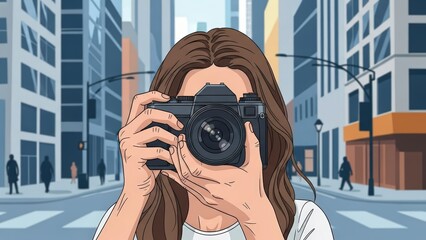 Woman Photographer Capturing Cityscape with Professional Camera.