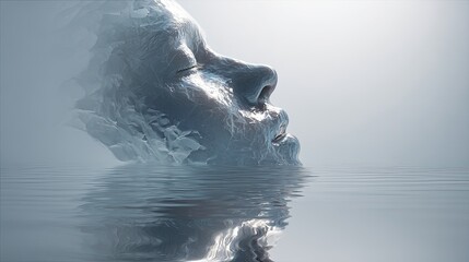 Silver metallic head emerging from calm water