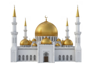 Grand mosque with golden domes and white minarets isolated on transparent background