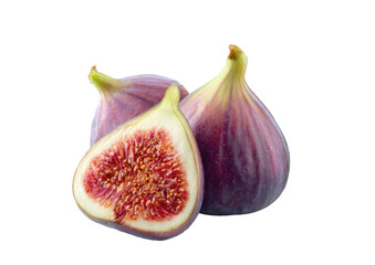 Two fresh figs, one whole and one halved, display vibrant purple-pink hues.  The cut fig reveals a glistening interior of ruby-red seeds