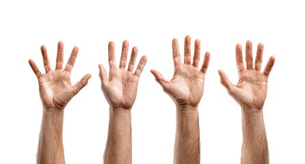 Four outstretched hands, palms upward, against a black background