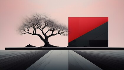 stark minimalist artwork featuring a barren tree and a red and black geometric structure creating a dramatic surreal landscape