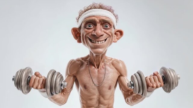 Stylized 3D caricature of sad old man lifting dumbbells at gym