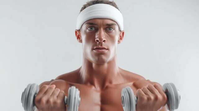 Man lifting dumbbells with comic wide-eyed face wearing white headband