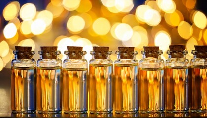 rows of vials filled with yellow liquid blurry bokeh lights