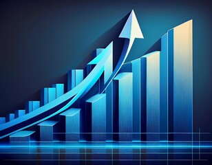growth chart with arrow pointing upwards on a blue bar graph