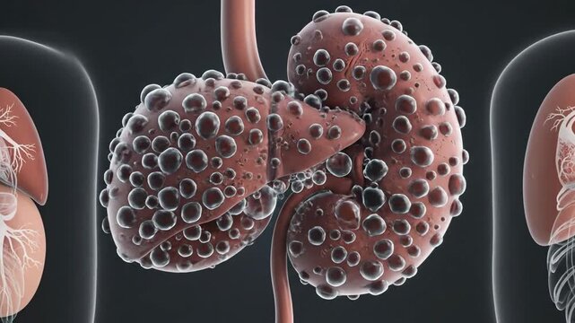 High-end medical animation illustrating polycystic kidney disease progression and related organ effects.