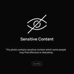 Sensitive content. Black background with crossed-out eye symbol. Sensitive content sign warning. Explicit, private, and sensitive content censorship. Vector