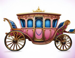 ornate pink and gold carriage with blue windows and yellow wheels
