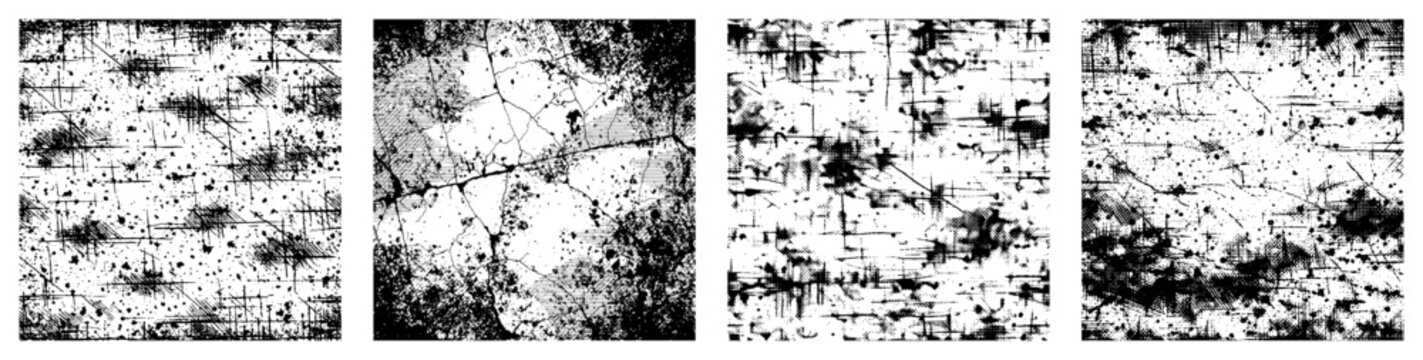 set of four square grunge textures featuring scratches cracks and noise overlays