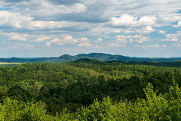 Mostly forests covered hilly landscape of Northern Bohemia from Nedvezi hill in Ralska pahorkatina mountains in Czech republic