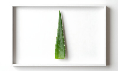 single aloe vera leaf sits centered crisp white canvas bathed soft natural light framed edges minimalist