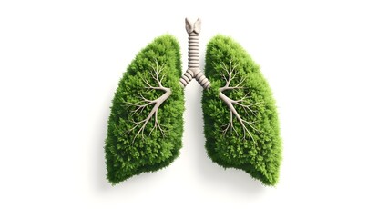 Aerial view of lush green lungs with visible bronchi on a white background