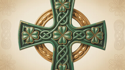 Ornate Celtic cross with shamrocks and knotwork gold accents clover Celtic knot