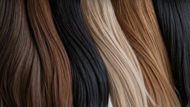 Silky smooth hair strands and radiant wig pieces arranged meticulously. A stunning collection displaying rich brunette, warm blonde, and deep black shades. Beauty choices.