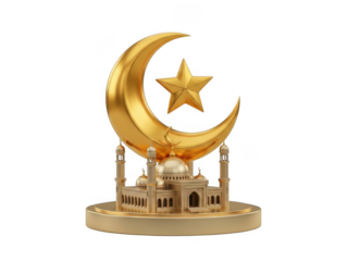 Golden crescent and star above mosque isolated on transparent background